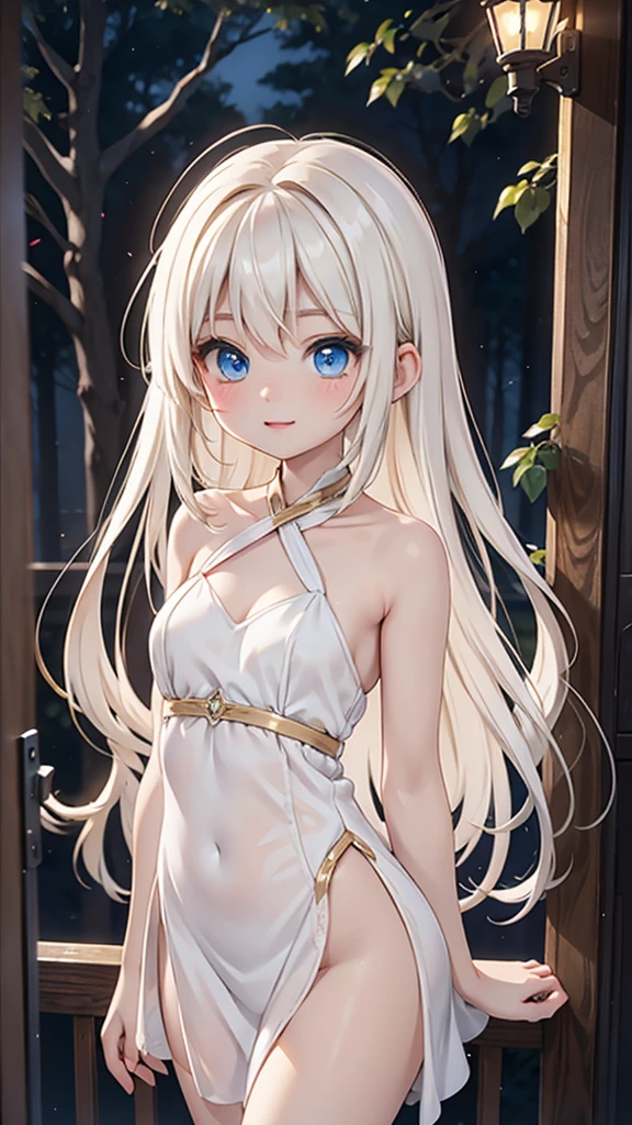 Late 20s European woman、Anime-style illustrations。Short stature with a youthful appearance、Fair skin。Short stature with a youthful appearance、Long, bright golden-white hair、Big Blue Eyes。Delicate and slender figure。Wearing a fairy-like elegant dress。Cute expressions and gestures。The background is a forest at night。Overall delicate and dreamy atmosphere。High-quality digital art。