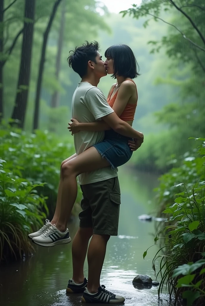 beauty full shot, best quality photo, japan, I am 35y a man in casual cloth with short black hair, I met my girlfriend at the swamp forest, she is sweet and chubby with messy bang hair in tanktop and skirt, I lifting her thighs with my arms while giving a sex kissing, dynamic lifting pose, sneakers, real moment, real object, 120 film looks, dramatic moment, natural lighting, cloudy, rainy, detailed face and eyes, very highly detailed, aesthetic view, sharp focus, shot by mamiya analog film, dynamic wide angle