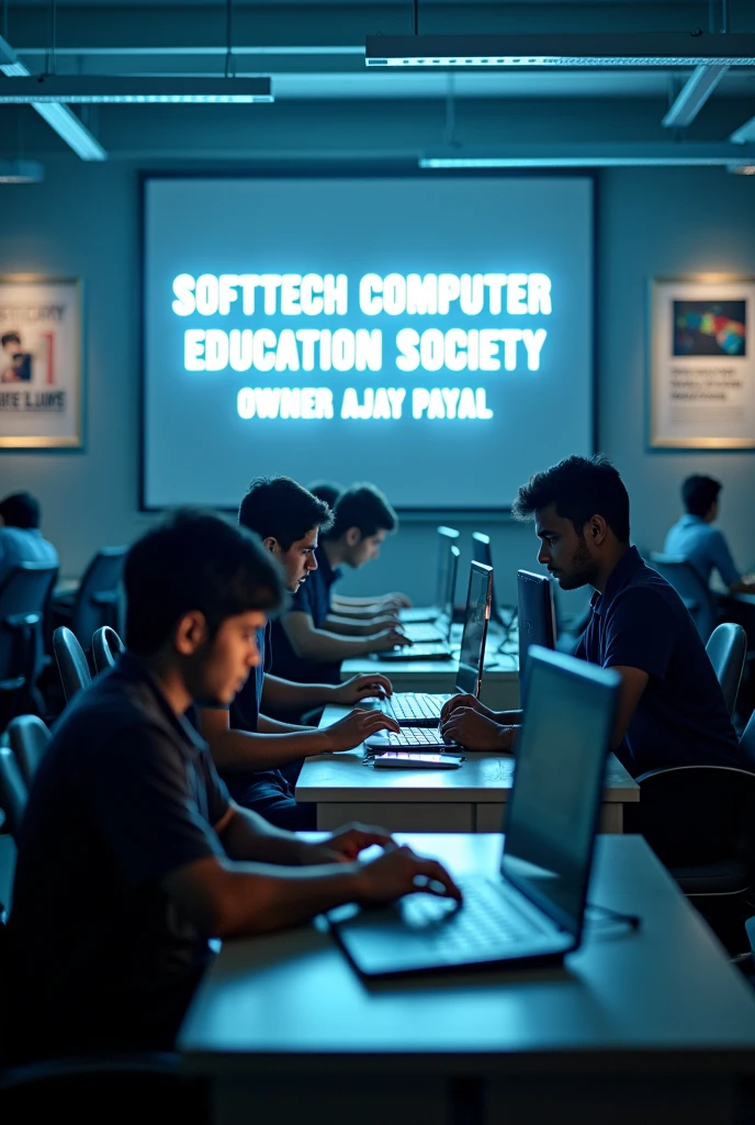 An interior view of a medium large company of a computer institute inside. students is working on their laptop and in a large display light board display "SOFTTECH COMPUTER EDUCATION SOCIETY, OWNER AJAY PAYAL"