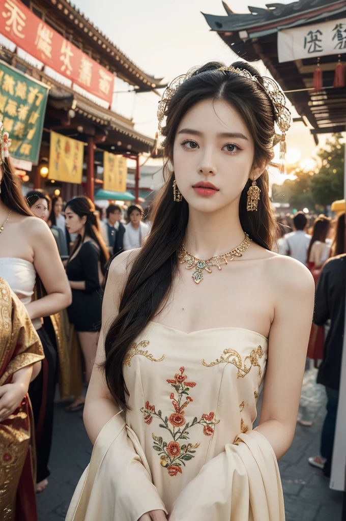 (((best quality))),(((ultra detailed))),(((masterpiece))),illustration,
((1 beautiful young girl,solo)),(bun hair:1.2)((slim,thin)),((small breasts,flat chest)),attractive, traditional Chinese attire,(Gorgeous and intricate headdress:1.3),((earrings,intricate necklace)),(strapless Exquisite embroidered maxi sleeveless sparkled dress:1.3),(slender legs:1.2),(standing:1.3),vibrant patterns, radiant complexion, joyful expression,(temple fair:1.3), bustling atmosphere, summer afternoon, sunny weather, cultural festival, street food, roasted skewers, steaming dumplings, sweet cotton candy, stalls, crafts, clothing, appreciative onlookers, sunset, ancient tradition, modern beauty, captivating scene, enchanting,(day scene:1.2),(surrounded by crowded crowds:1.3),((from front,upper body))