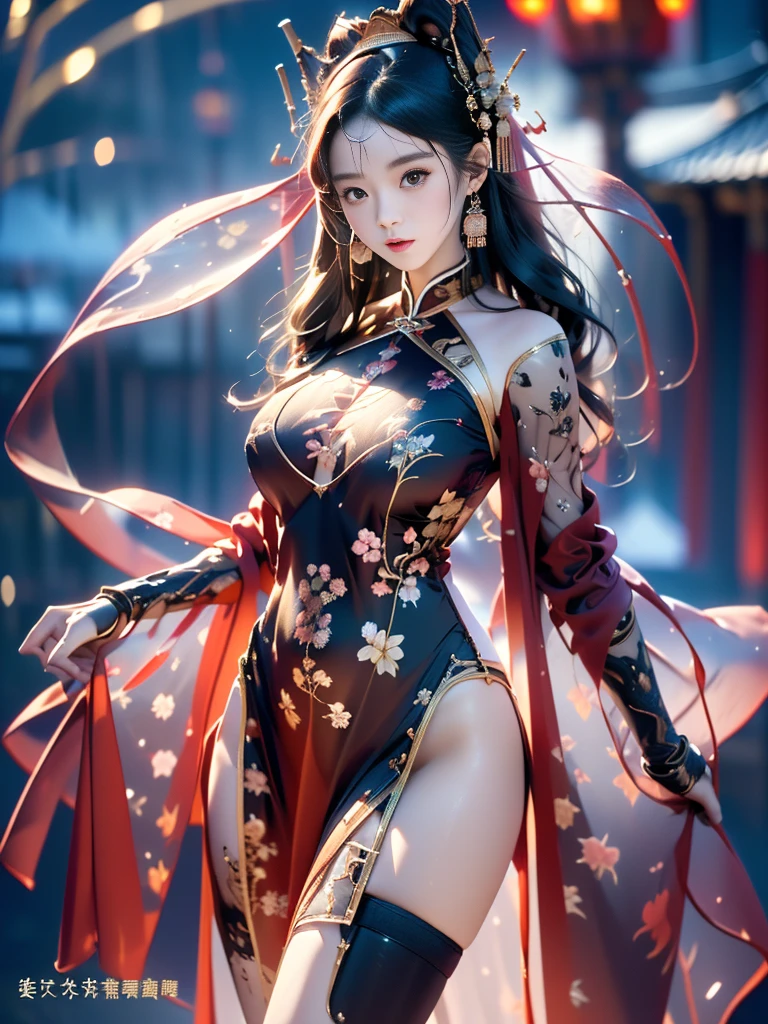 A female model, (Race:Chinese),((Ancient Chinese pavilions at night, moonlight, snow)), (8K Ultra HD, 8K, Ultra-high resolution, best quality, masterpiece, Surrealism, Digital SLR Camera, Soft Light, Bokeh, Masterpieces), ((((Beautiful model-like face))), (Creating the image of a real girl), warm light, Realistic shadows, Dynamic poses, Elegant Posture, Cowboy lens, Full body front view, Be confident, Body facing the camera, Standing facing the camera, Open your legs slightly, Golden Ratio Graphics, Minimalism), (Happy smile, Big watery eyes, Cherry Blossom, Balanced Eyes, Perfect beautiful face, Normal facial features, Realistic skin, Attention to skin details, Skin is clean and radiant, Whitening, Anatomically correct body, Hourglass figure, cosmetic, Gloves, earrings, bracelet, necklace, Jewelry, veil, Hair accessories, Headdress, shawl), ((beautiful hair), Dark brown hair, Big wavy curly hairstyle, Waist-length hair, Messy Hairstyle, Gradient hairstyles, Cyberpunk hairstyle), ((Transparent clothes：1.5), (Color of clothes: Two colors), Transparent Clothes, See-through clothes, Tulle clothes, Mesh clothes, Transparent sci-fi Hanfu, Shiny micro bikini bra, (Clothes that accentuate your bust shape)), (Sexy的, Perfect breast shape, Teardrop chest shape, Snow-white breasts, very detailed breasts, 36C cups), (Super high waist, Deep V, Low-cut, Sexy, Flattering, Open crotch, (Camel toe, High fork strangulation)), (sock, Knee socks, 吊garter, Leg ring, garter, 腿部garter), (style:Sexy,Mature), (Wet body:1.0) , (Wet clothes:1.0), (clothes pattern: line)