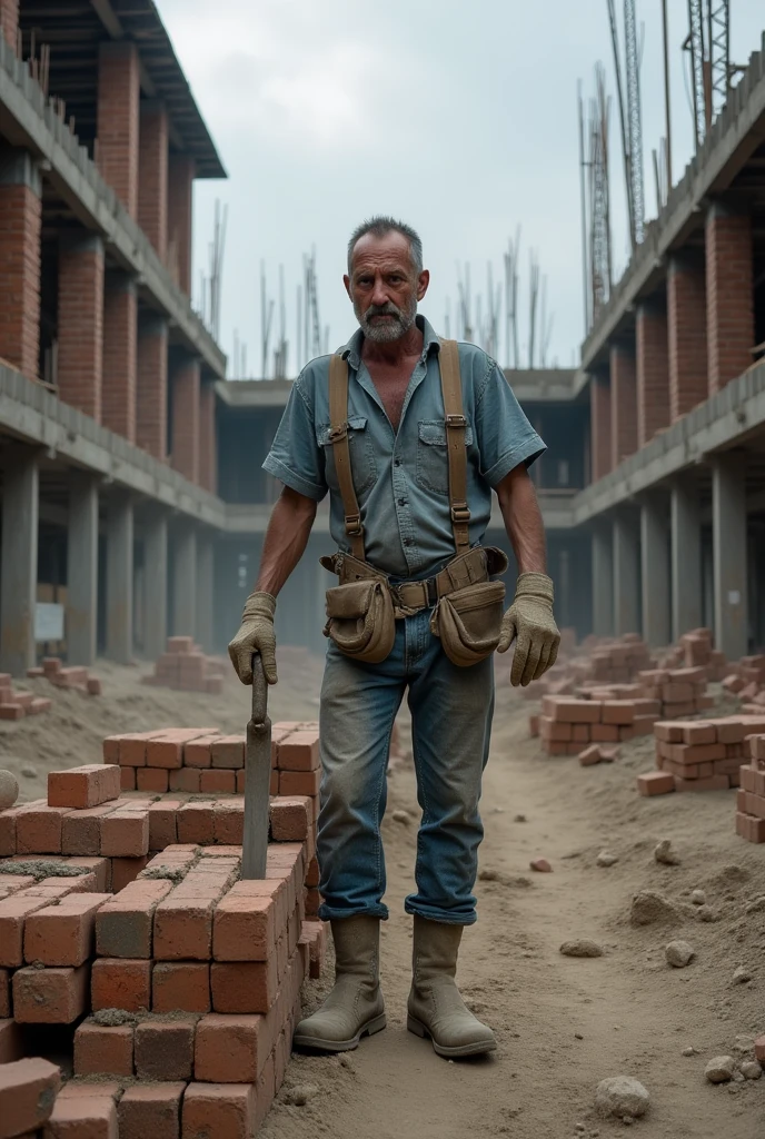 Create an image of a university building construction, with emphasis on a bricklayer who is suffering and tired of working(a somewhat somber scenario)
