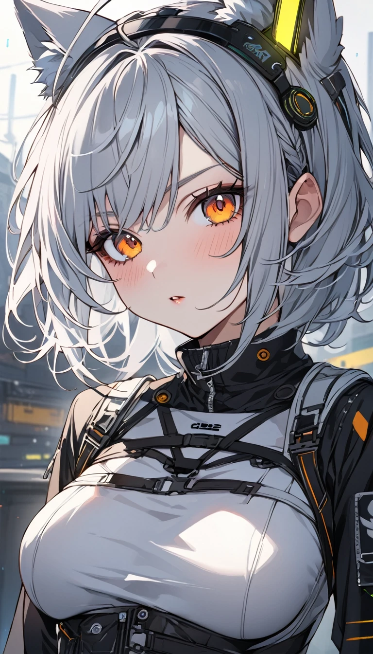 (masterpiece)、(absurdres)、(ultra detailed)、(8k)、(solo lad),(silver cat ears:1.1),(silver hair),(shortcut hair:1.1),(messy hair:0.9),(Ahoge:0.9),(middle breast:0.9),BREAK,(orange eyes),(たれ目:1.2),BREAK,cyberpunk,