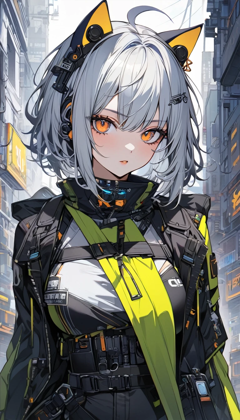 (masterpiece)、(absurdres)、(ultra detailed)、(8k)、(solo lad),(silver cat ears:1.1),(silver hair),(shortcut hair:1.1),(messy hair:0.9),(Ahoge:0.9),(middle breast:0.9),BREAK,(orange eyes),(たれ目:1.2),BREAK,cyberpunk,