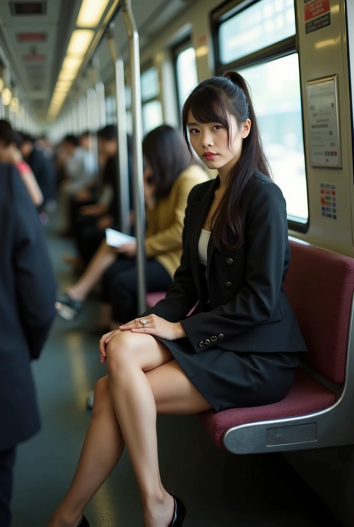 Actual photo、Highest im年 quality、Beautiful woman、Beautiful thighs、Beautiful Face、Uniform Ponytail、Yuriko Yoshitaka、Japanese women、pretty girl、skirt、Beautiful thighs、pumps、Inside a crowded train、Sit in your seat、Front seat、(Boys groping women's breasts:)、