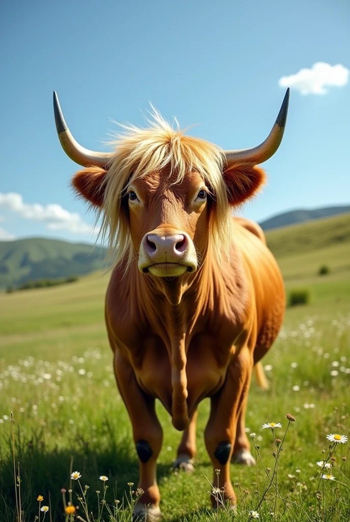 A bull wearing a blonde wig