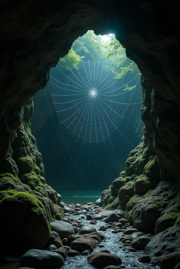 Cave front, spider web,