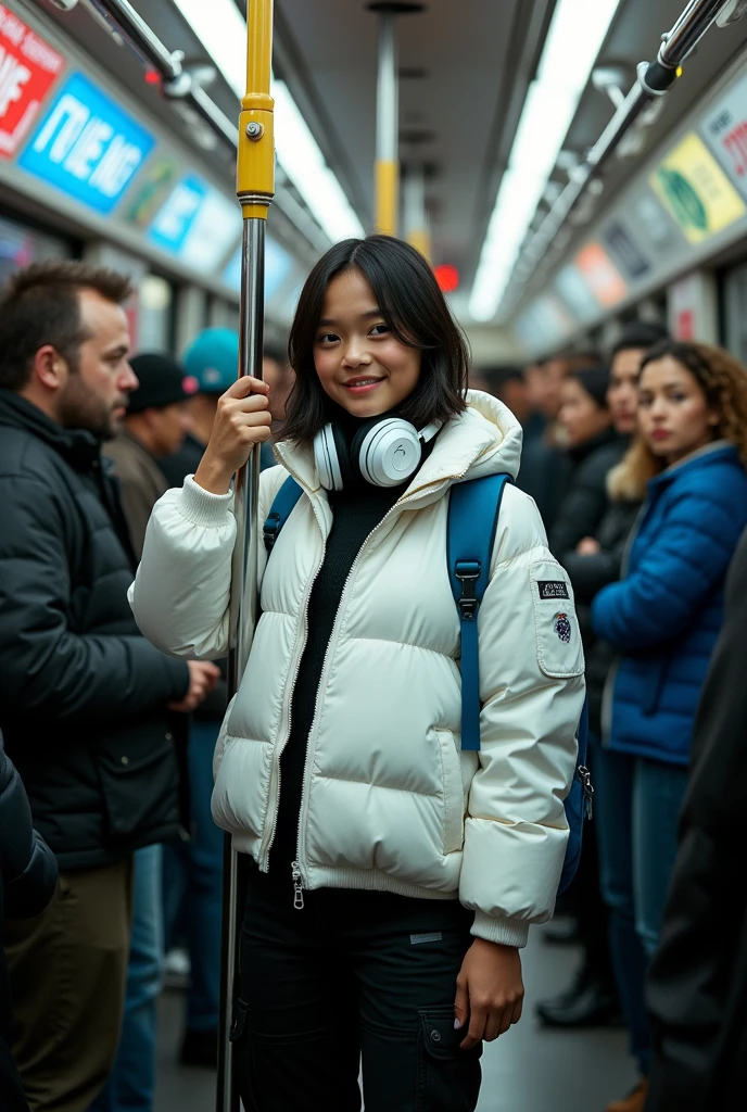 (photorealism:1.2), very beautiful young girl, shoulder haircut, wearing slimfit white space jackets and black cargo pants is standing inside the city bus, holdinge the belt, crowded people(man and women), white headphones and blue backpack, perfect lighting shot on her, sweet litle smile, concerta, newyork city streets so many billboard and street mark, stop lights, cyberpunk(realism)