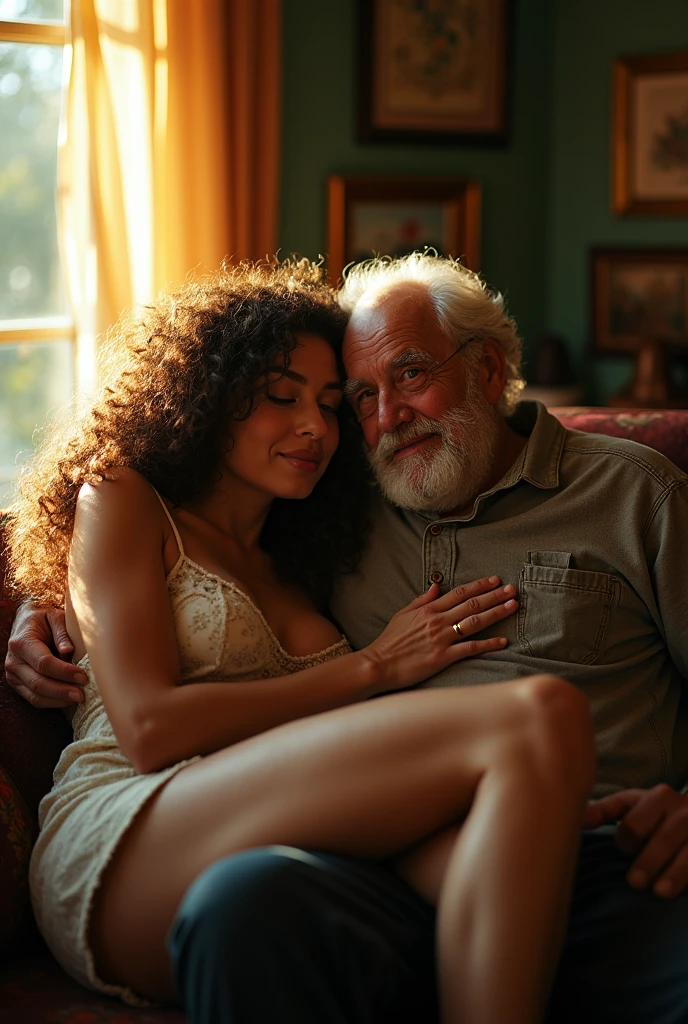 (photorealism:1.2), una sexy curly brown hair woman, on the legs of a 90-year-old man who spanks him 