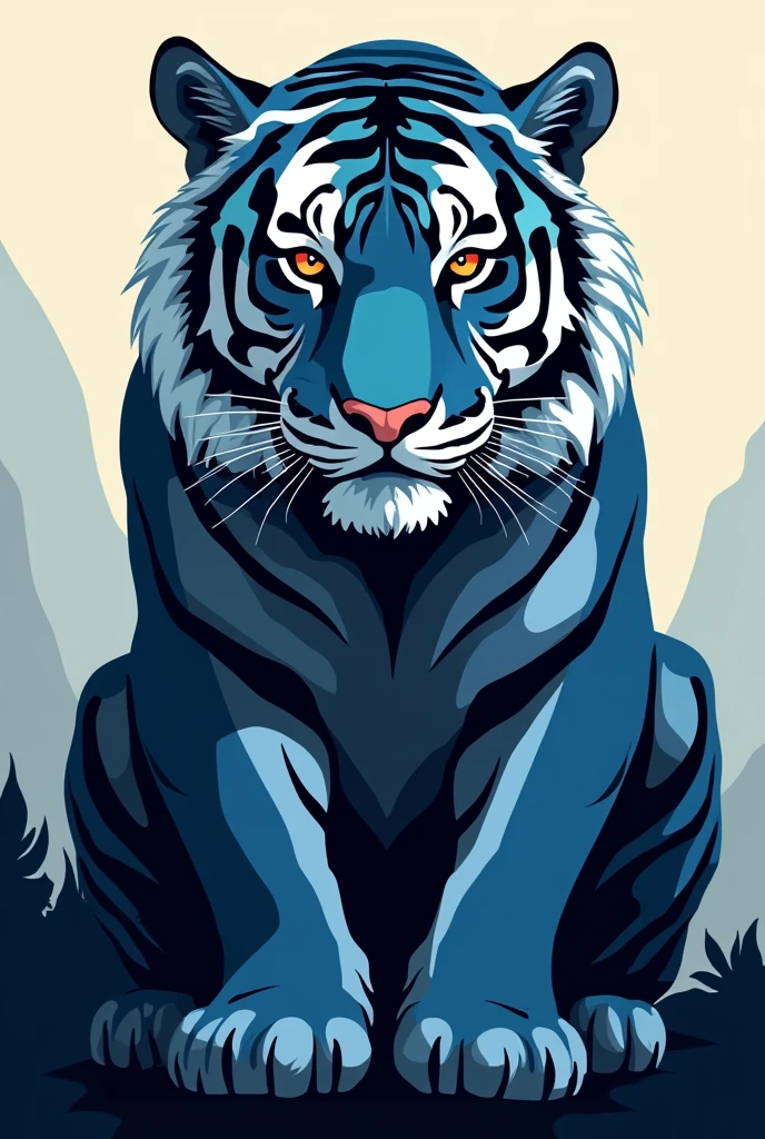 Create an illustration of a stylized tiger with a modern and geometric look. The tiger should have a serious expression and be positioned facing forward, Occupying a large portion of the space. The primary colors are shades of blue and gray, with emphasis on shadows and contours that give an effect of depth and volume. The art style should resemble a minimalist design, but with enough detail to highlight the tiger's musculature and face. Add a subtle color transition at the base of the illustration to give a gradient effect that goes from dark blue to black.