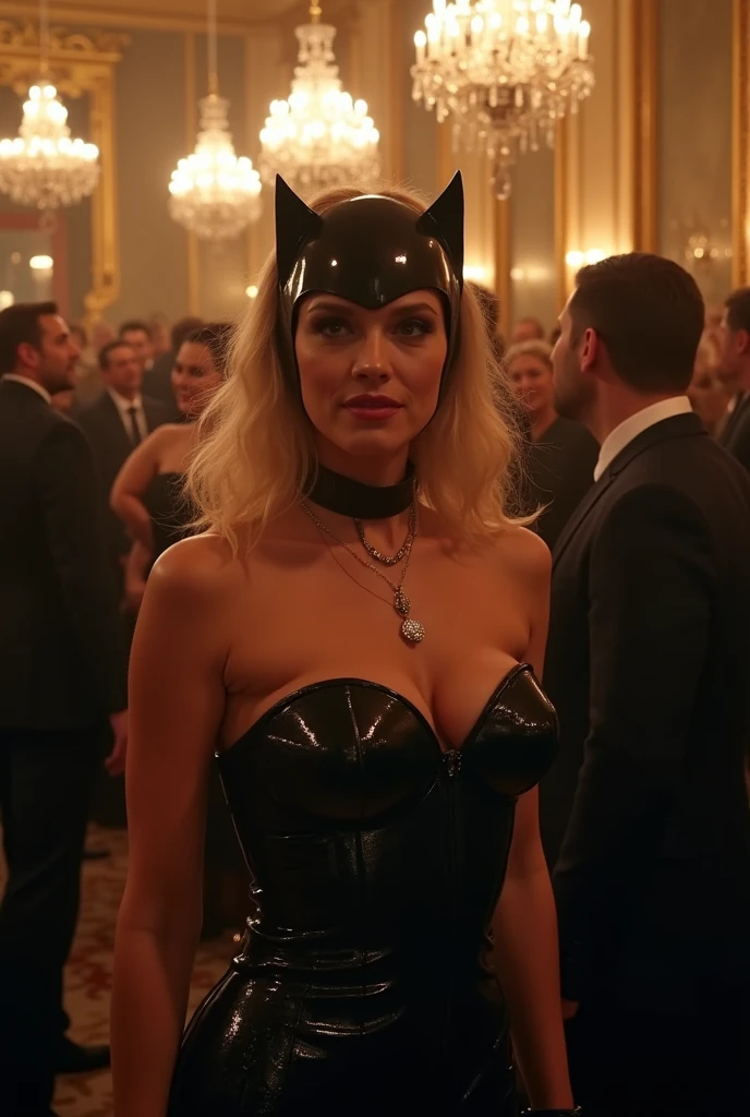 Cat woman with a black strapless corset and no gloves, She accidentally arrives at a party, shoulder-length blonde hair