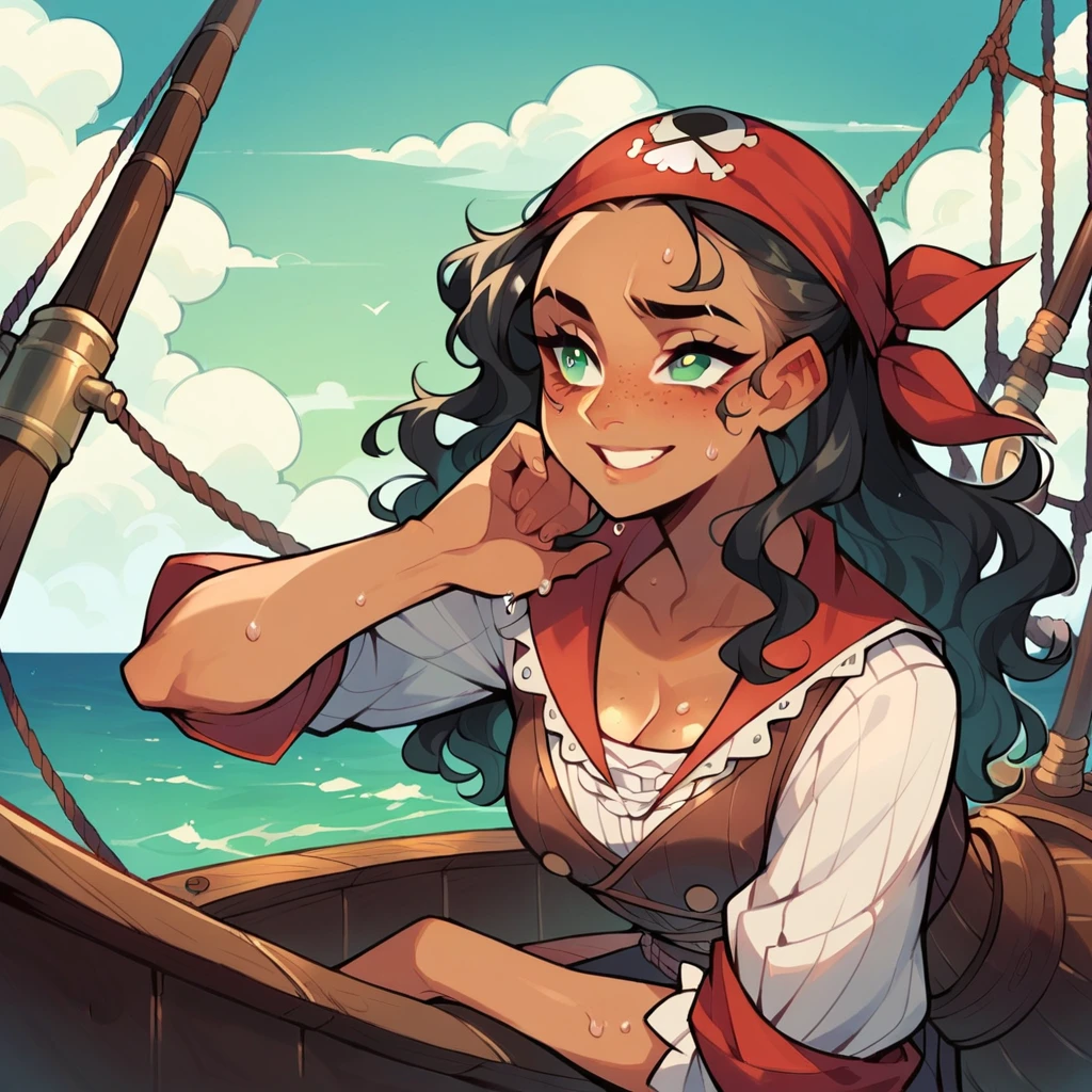 Female, (Dark Tan Skin), black hair, (long wavy hair), green eyes, faint blush and freckles, happy expression, ((pirate inspired outfit)), ((hair wet styled down and wearing bandana), head tilted, hands cupping face, on a boat, pirate ship setting.