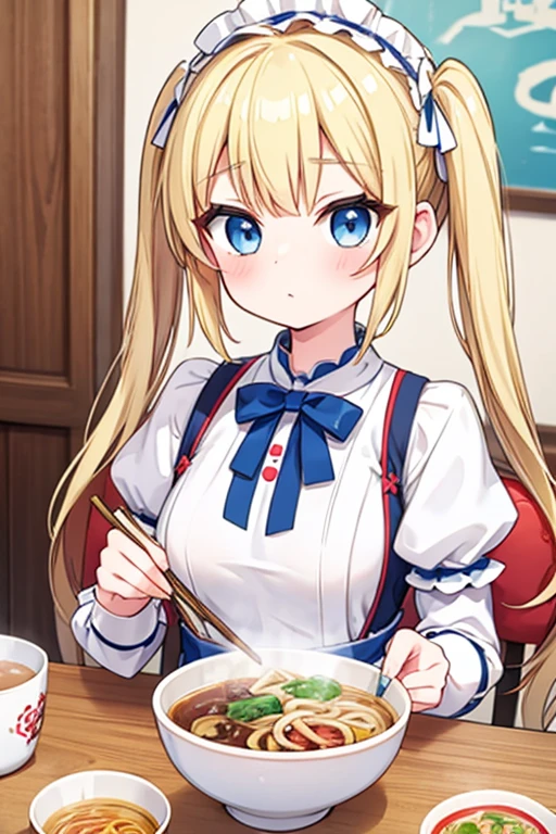 A bowl of beef noodle soup,Highest quality,Blonde with blue eyes、Lolita、Small breasts、Twin tails、girl'mischief,smile,10 years old,A ramen bowl towering like Mount FUJI, filled with meat,very big ramen,