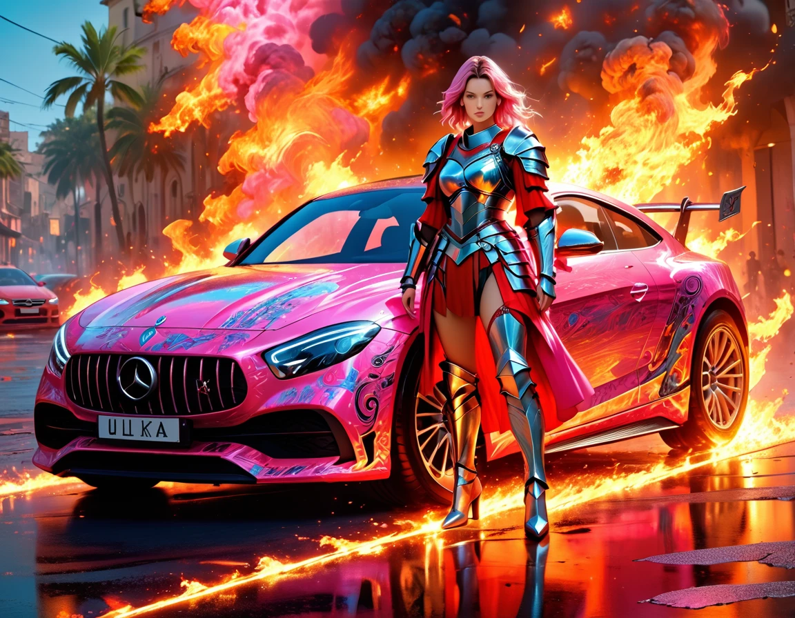 a beautiful female knight ready for battle, stands near her loyal car, a mature female paladin knight, holy warrior, ((full body: 1.5)), ((anatomically correct: 1.5)), (ultra detailed face: 1.5), ((best detailed face: 1.5)), dynamic eye color, dynamic hair color, dynamic hair style dynamic skin complexion, holding a radiant sword, holy sword, divine sword, wearing intricate armor, wearing high heeled boots, BREAK standing near her car, divine car, magical car, ready to battle car, car wreathed in flames, holy intricate runes, slick car, vibrant, Ultra-high resolution, High Contrast, (masterpiece:1.5), highest quality, Best aesthetics), best details, best quality, highres, 16k, (ultra detailed: 1.5), masterpiece, best quality, (extremely detailed) RAW, (ultra details, Masterpiece, best quality), Cinematic Hollywood Film, GlowingRunesAI_pink, faize