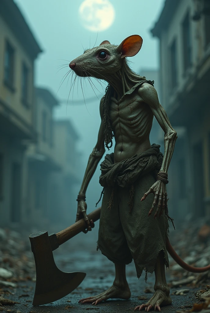 (Ultra detailed), a chilling full-size portrait of a decaying anthro rat, zombie, holding an aged, rusted axe, ((corpse-like skin)), ((detailed hands grasping the axe tightly)), ((loose, tattered clothes)), ((dull eyes with a hollow, vacant stare)), ((lean body with prominent bones and rat-like features)), ((backdropped by a desolate, abandoned cityscape under a moonlit, foggy night))., trending on artstation,foxovh, cenematic lighting, detailed background, ((haunting, eerie, menacing aura))