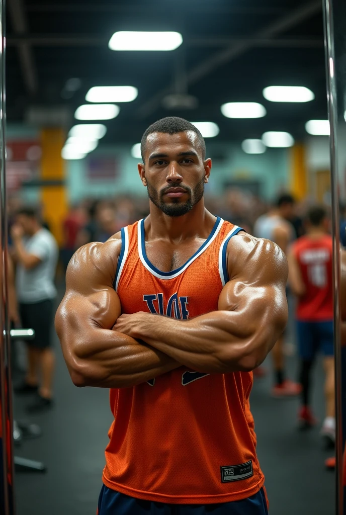 Muscular man at the gym taking a photo in the mirror wearing a basketball tank top