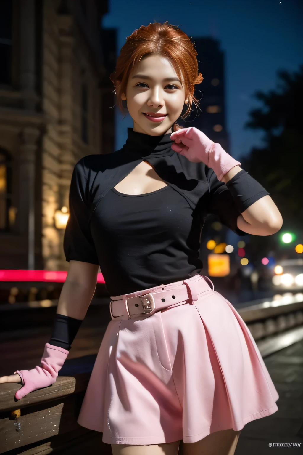 1girl,cowboy shot, beautiful nora_valkyrie, looking at viewer, smile, short hair, blue eyes,heart cutout, gloves,  jacket, pink skirt, pink belt, short sleeves, puffy sleeves, single armband, fingerless gloves, orange hair, pink gloves, dynamic pose, night, outdoors, city, (volumetric lighting), best quality, masterpiece, intricate details, tonemapping, sharp focus, hyper detailed, trending on Artstation,