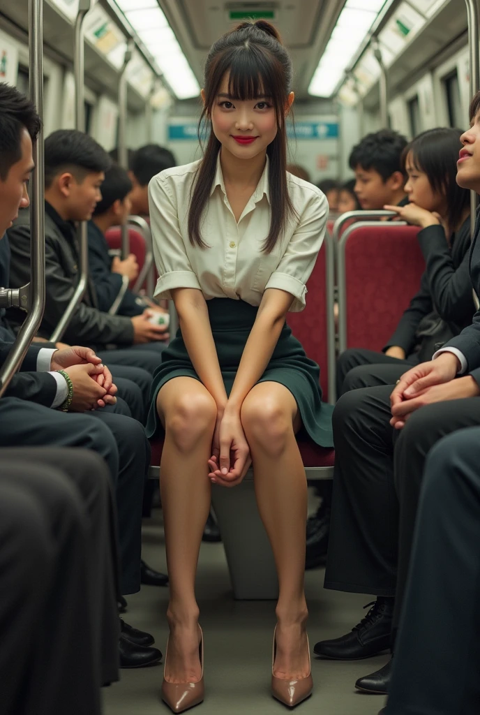 Actual photo、Highest im年 quality、Beautiful woman、Beautiful thighs、Beautiful Face、Uniform Ponytail、Yuriko Yoshitaka、Japanese women、pretty girl、skirt、Beautiful thighs、pumps、Inside a crowded train、Sit in your seat、Front seat、(Boys groping women&#39;s breasts:)、