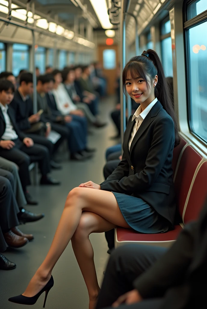 Actual photo、Highest im年 quality、Beautiful woman、Beautiful thighs、Beautiful Face、Uniform Ponytail、Yuriko Yoshitaka、Japanese women、pretty girl、skirt、Beautiful thighs、pumps、Inside a crowded train、Sit in your seat、Front seat、(Boys groping women&#39;s breasts:)、