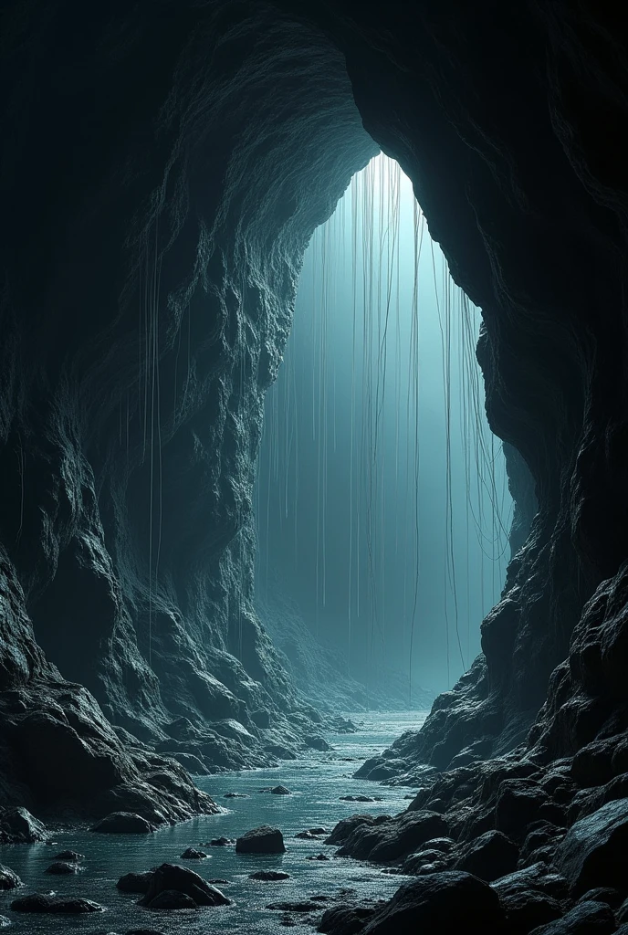 Cave front, spider web,