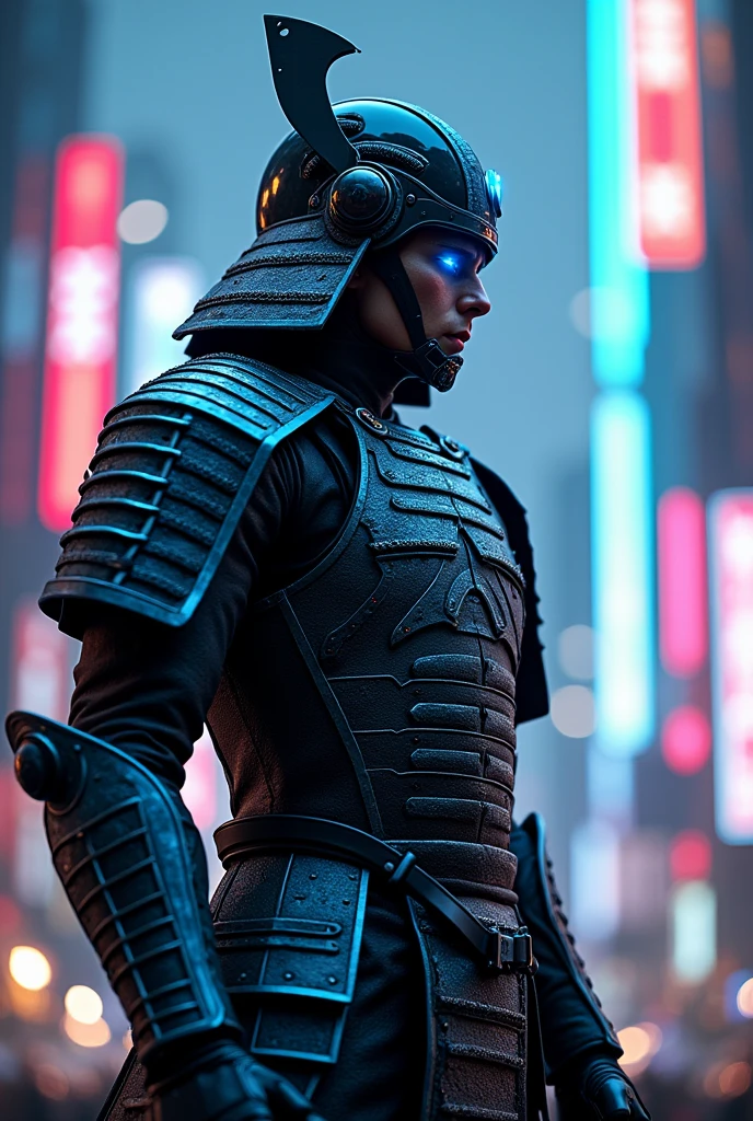 a futuristic samurai warrior in advanced robotic armor, highly detailed face, detailed intricate armor plates, glowing blue energy lines, neon cyberpunk city skyline, cinematic lighting, dramatic pose, hyper realistic, digital art, high quality, 8k