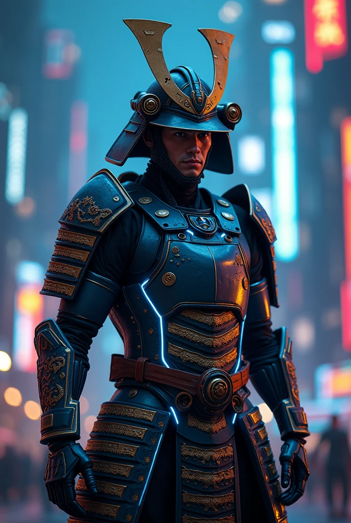 a futuristic samurai warrior in advanced robotic armor, highly detailed face, detailed intricate armor plates, glowing blue energy lines, neon cyberpunk city skyline, cinematic lighting, dramatic pose, hyper realistic, digital art, high quality, 8k