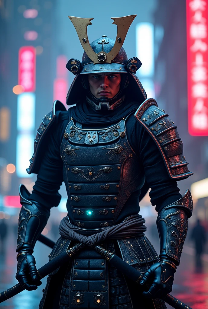 a futuristic samurai warrior in advanced robotic armor, highly detailed face, detailed intricate armor plates, glowing blue energy lines, neon cyberpunk city skyline, cinematic lighting, dramatic pose, hyper realistic, digital art, high quality, 8k