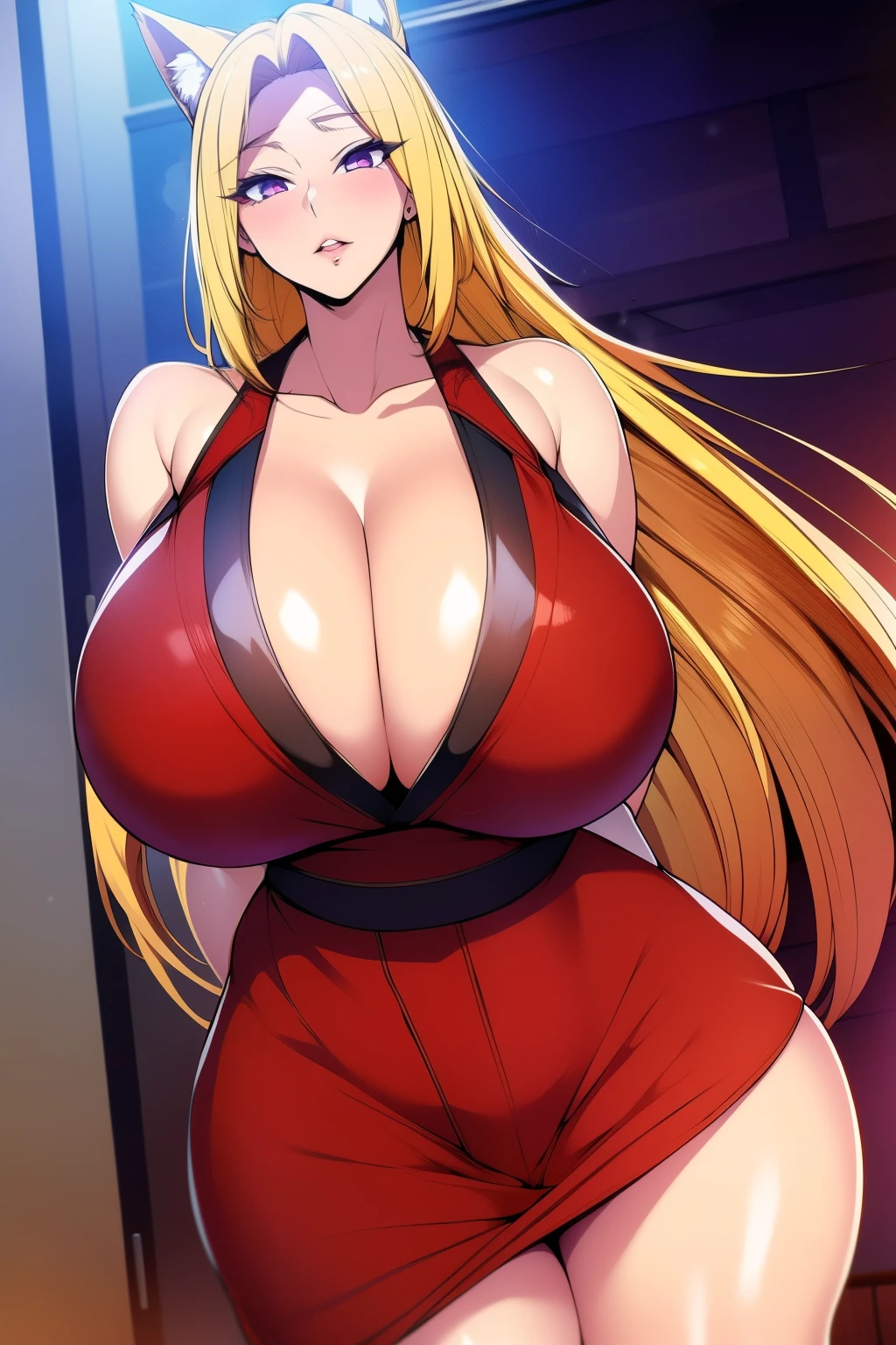 An anime-style artwork depicting Kousaka Shizuru from the game Honkai star rail.
Tags: Kousaka Shizuru, anime, detailed eyes, detailed lips, ass, bare shoulders, (blonde hair:1.4), (white short kimono:1.1), cleavage, long hair, solo, huge breasts, (violet eyes:1.1),, smiling expression, intense gaze, dynamic pose, indoor, palace, vibrant colors, digital art, high-resolution, professional quality, gigantic breasts, curvy, cowboy shot, (gigantic breasts: 1.4),, fox ears