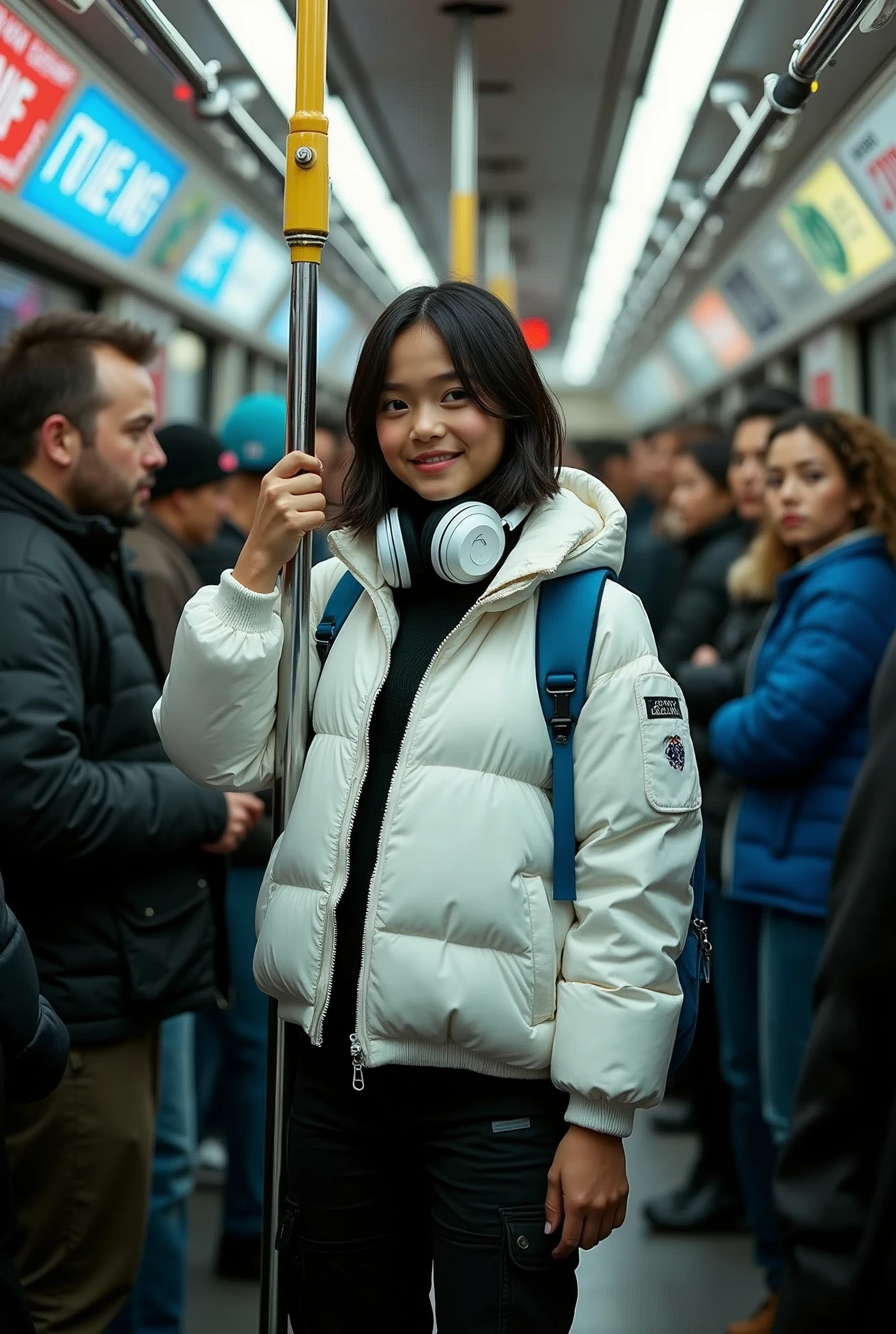 (photorealism:1.2), very beautiful young girl, shoulder haircut, wearing slimfit white space jackets and black cargo pants is standing inside the city bus, holdinge the belt, crowded people(man and  women), white headphones and blue backpack, perfect lighting shot on her, sweet litle smile, concerta, newyork city streets so many billboard and street mark, stop lights, cyberpunk(realism)