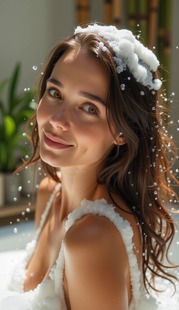 <Light brunette woman, hazel eyes. washing hair. brown color. with splashes of water drops, hair foamy from shampoo. 4K High Definition.