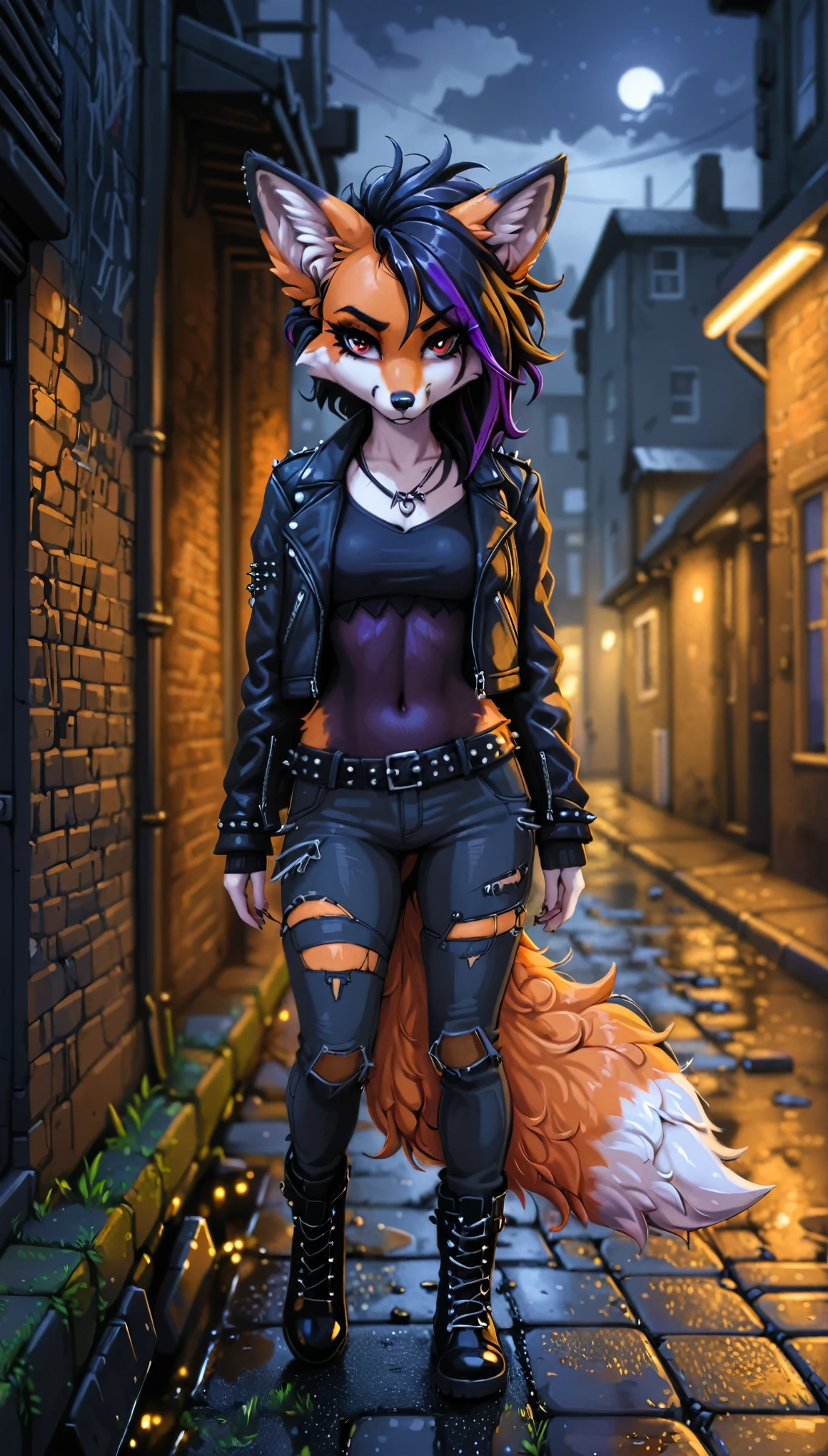 front view, best quality,  

beautiful detailed eyes,long eyelashes,fox girl,((fox snout,fox ears,orange fur,punk hair,goth style)),dark makeup,fierce expression,wild hair,earrings,leather jacket,distressed jeans,studded belt,combat boots,grungy background,edgy atmosphere,urban setting,nighttime lighting, purple highlights in hair

[by Alex Timmermans:by jaynaylor:0.5],
detailed background, detailed foreground, depth of field, ambient silhouette, backlighting,


