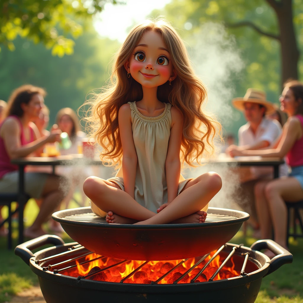 Girl sitting on a hot barbecue plate. buttocks on hot plate., buttocks cooked
