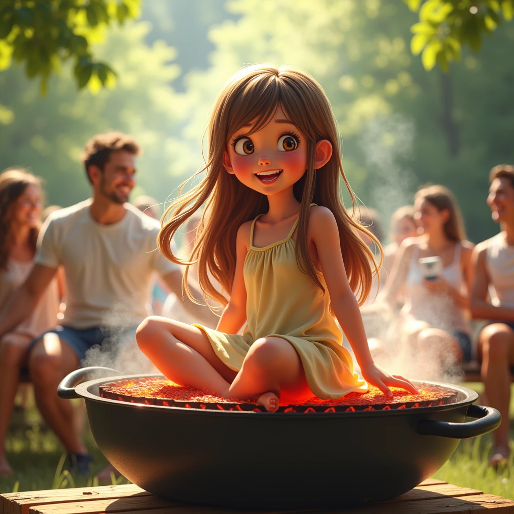 Girl sitting on a hot barbecue plate. buttocks on hot plate., buttocks cooked