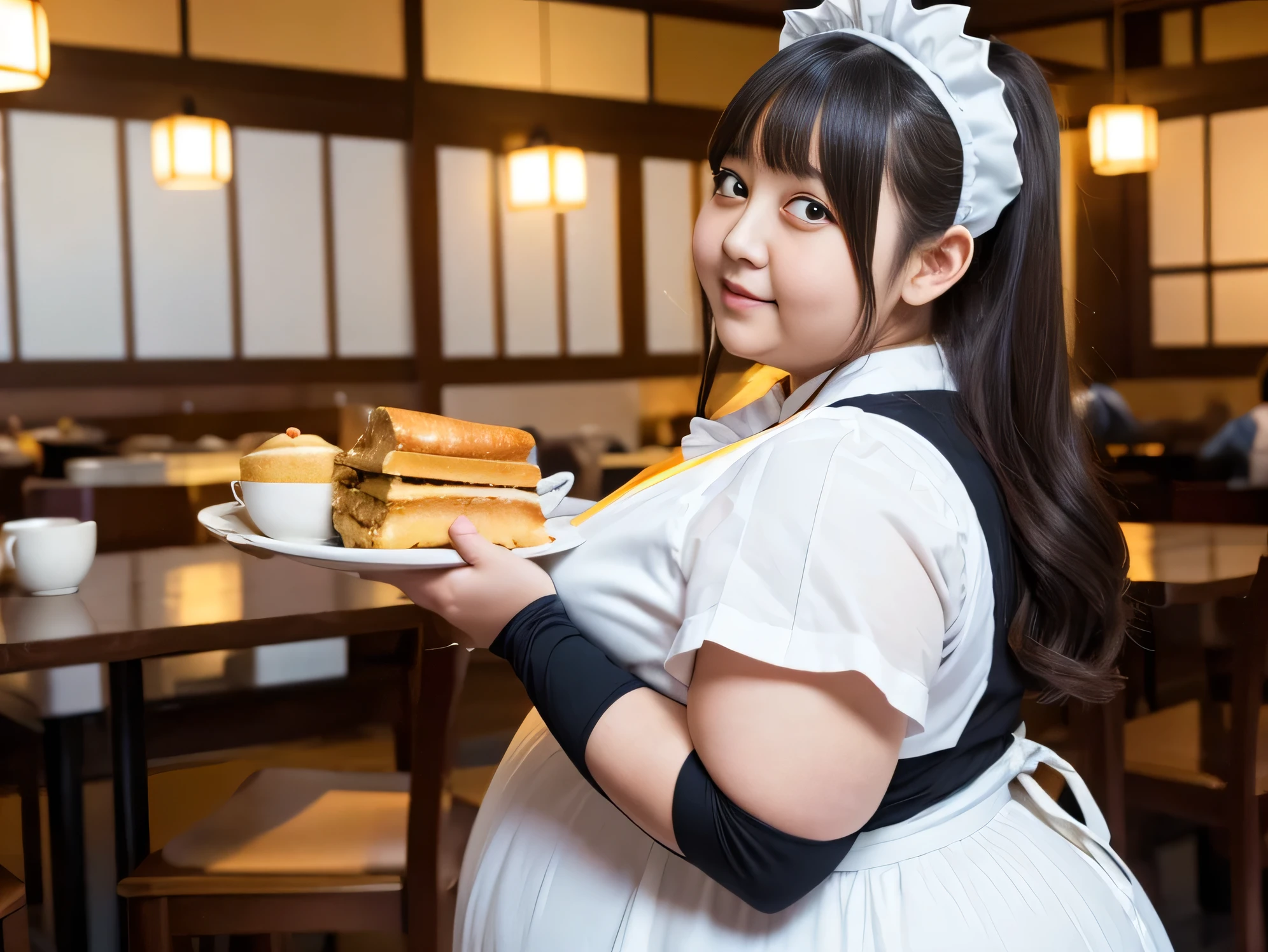 1 girl, Japanese, ((maid costume)), Overweight, extremely fat, ((Chubby)), Double chin, cafe, ((8k)), Carrying food, highest quality, 超High resolution, (surreal)、(High resolution