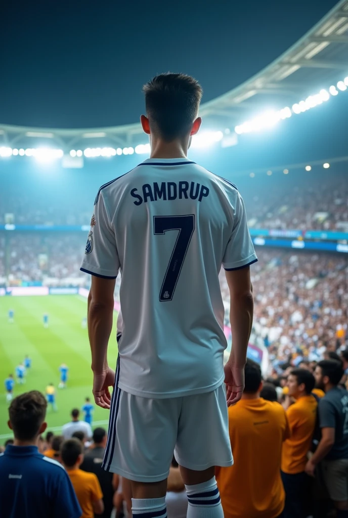 Young man with realmadrid football jersey 7 on his back at stadium..and write name as Samdrup at back of shirt