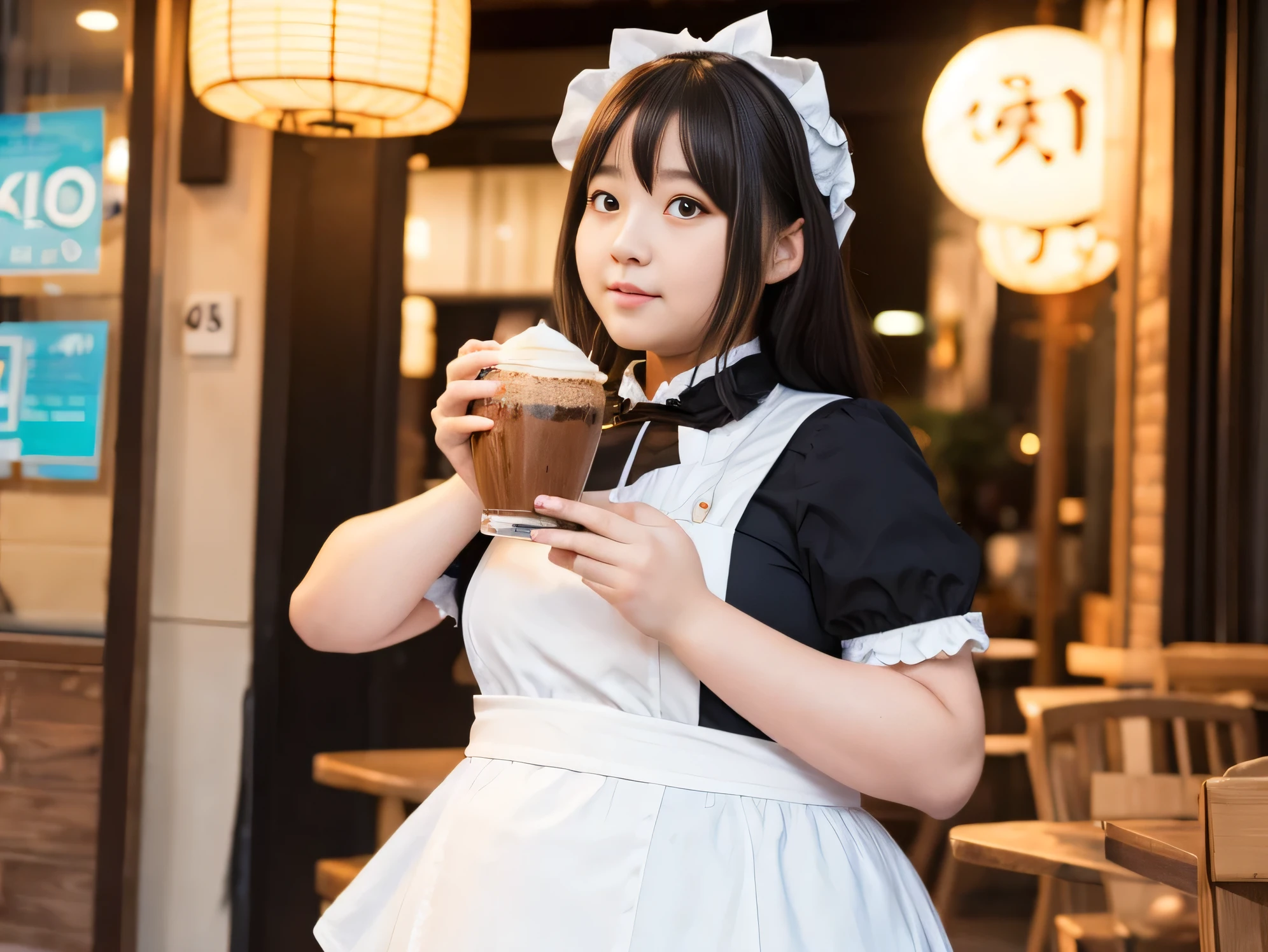 1 girl, Japanese, ((maid costume)), Overweight, extremely fat, ((Chubby)), Double chin, cafe, ((8k)), Carrying food, highest quality, 超High resolution, (surreal)、(High resolution