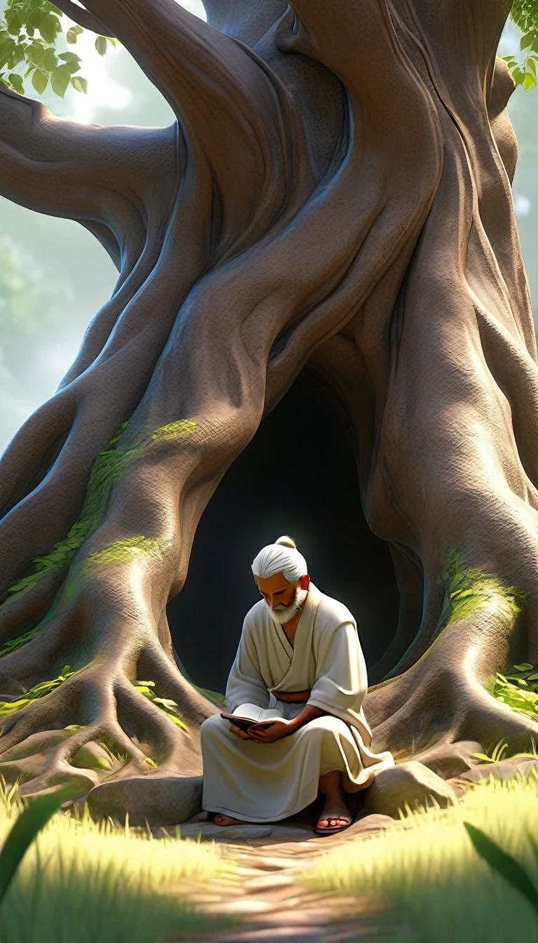 Sob a serene glass, on a peaceful day, a man kneels, in voracious prayer. Bible in hands, words of light, seek the comfort that faith always translates. The shadow of the tree, shelter and refreshment, a sacred encounter, an ethereal moment. With eyes closed and heart open, pray with fervor, look for the right path. Every leaf that falls, a divine whisper, guiding your words, showing the destination. On sacred ground, your soul surrenders, to God omnipresent, his life he extends. under the tree, symbol of life and shelter, a man and his faith, in an old dialogue. kneeling in prayer, her strength she renews.