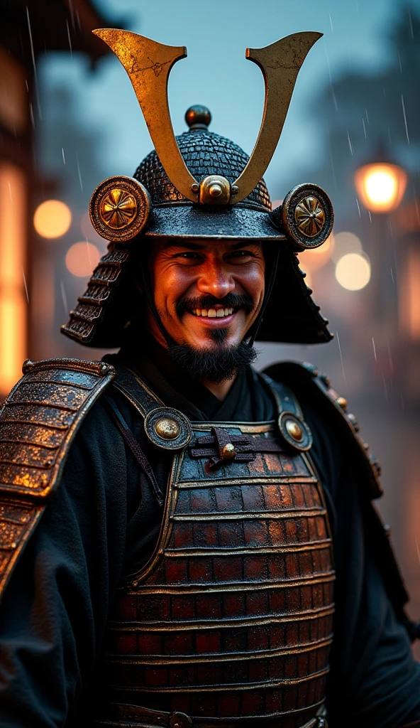 (((Selfie:1.3))), , Japanese man samurai , (35 age-old, little beard, little mustache, big smile),A samurai from the Kamakura period, wearing traditional armor and helmet, (()), The samurai stands in a battle-ready pose, with a determined expression, night ,rain, ((Anatomically correct,Surrealism, UHD, retina, accurate, anatomically correct, textured skin, super detail, high details, best quality, 8K))