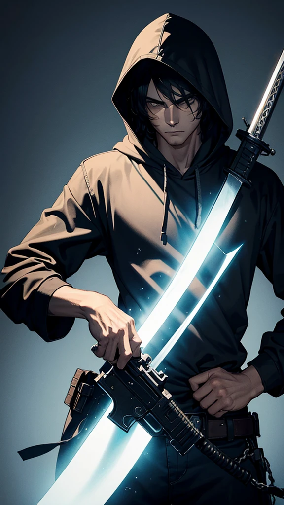 A man, wielding a sword and a gun, with a hood over his head.
He holds a sword and a gun.