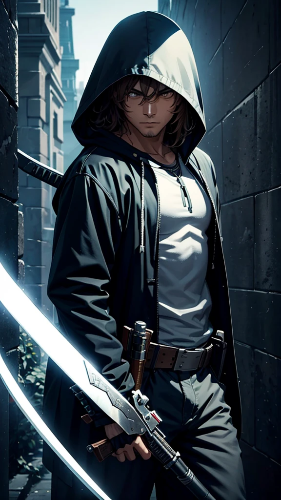 A man, wielding a sword and a gun, with a hood over his head.
He holds a sword and a gun.