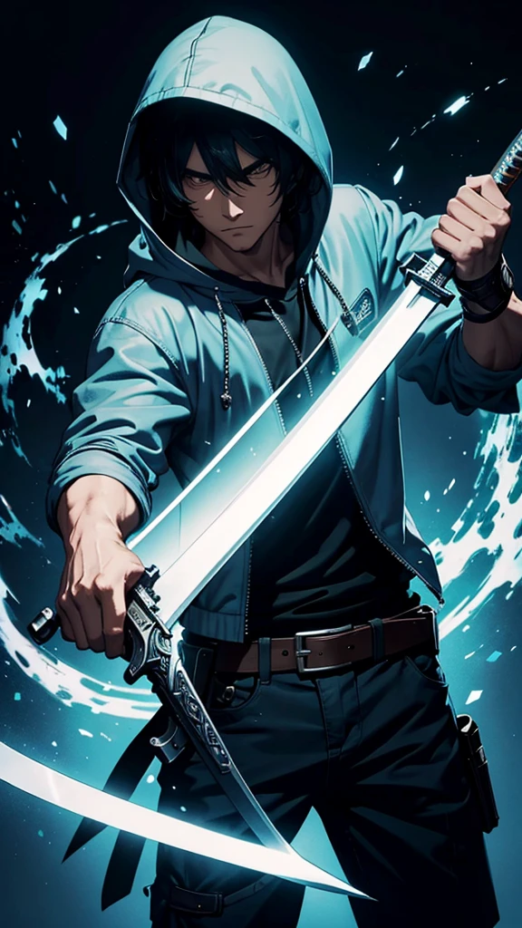 A man, wielding a sword and a gun, with a hood over his head.
He holds a sword and a gun.
