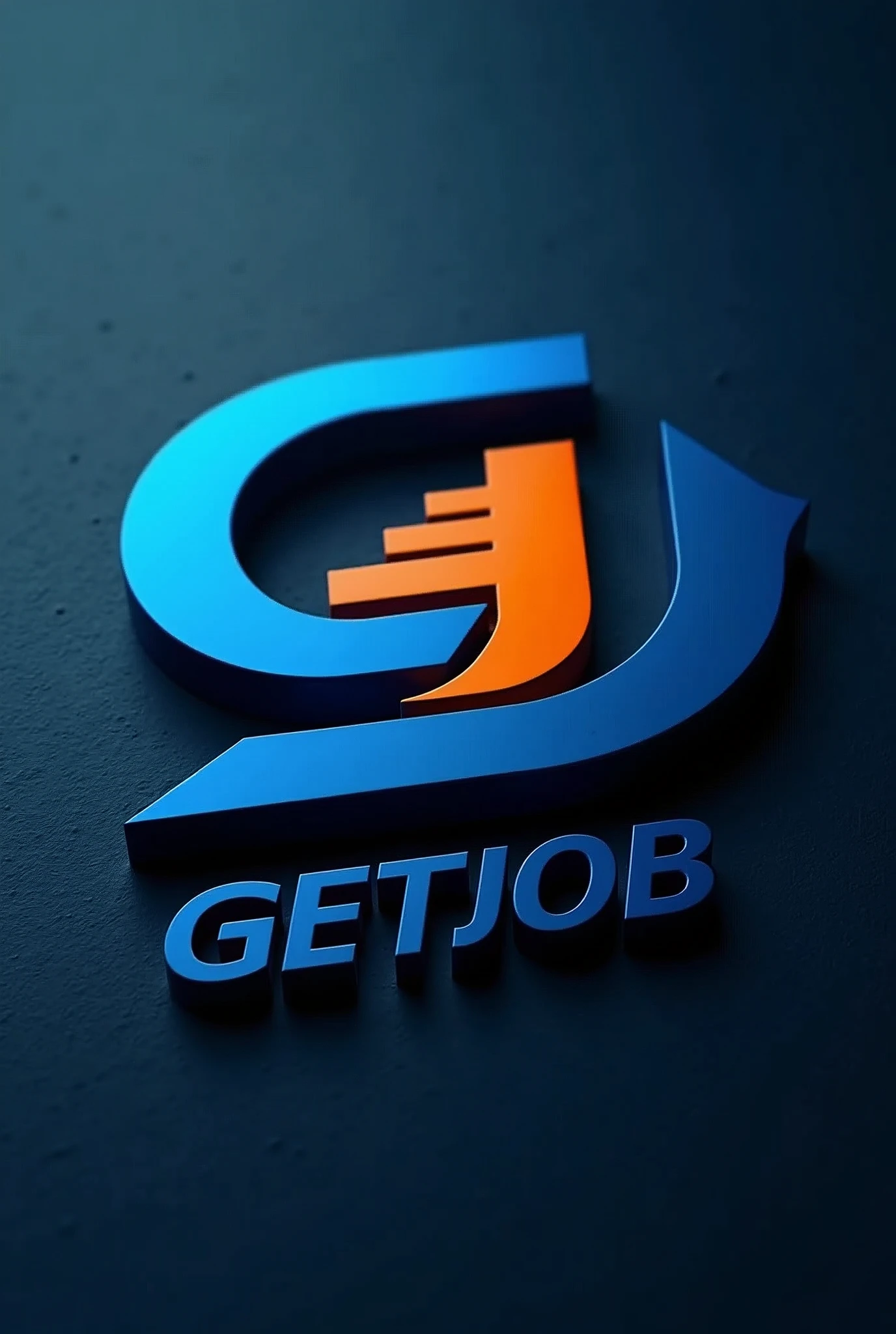 A stylized logo with the letters 'G' and 'J'. The letter 'G' is in a shade of blue . The letter 'J' is in a shade of orange and has a design resembling a staircase or a ladder. Below the letters, there's a text that reads 'GETJOB'. The background is a deep blue, and the entire design is set against a textured, dark surface.