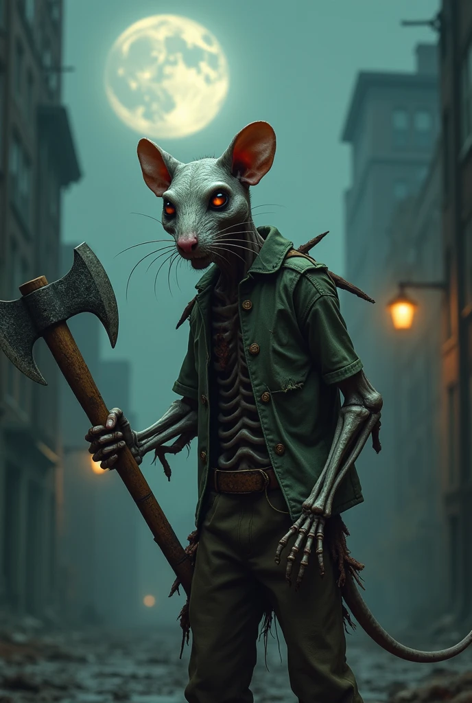 (Ultra detailed), a chilling full-size portrait of a decaying anthro rat, zombie, holding an aged, rusted axe, ((corpse-like skin)), ((detailed hands grasping the axe tightly)), ((loose, tattered clothes)), ((dull eyes with a hollow, vacant stare)), ((lean body with prominent bones and rat-like features)), ((backdropped by a desolate, abandoned cityscape under a moonlit, foggy night))., trending on artstation,foxovh, cenematic lighting, detailed background, ((haunting, eerie, menacing aura))