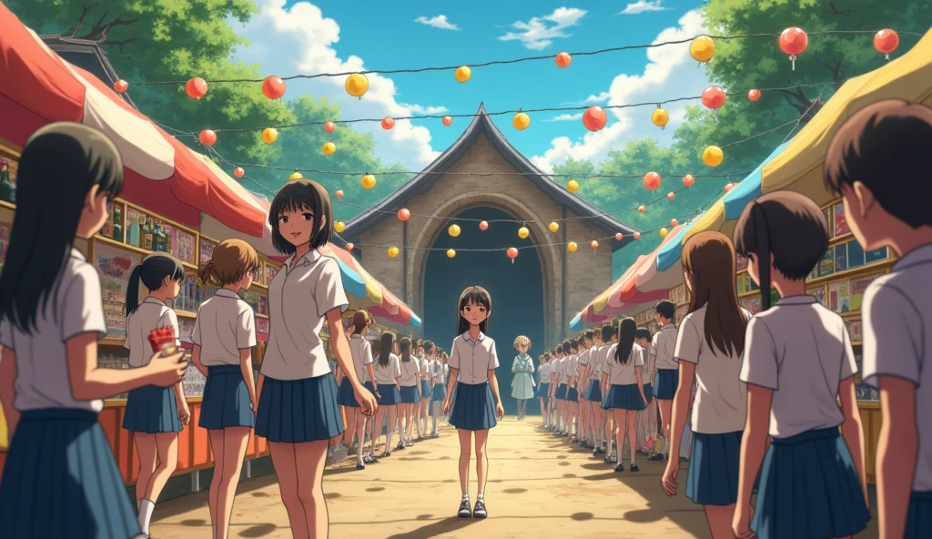 The school festival begins, with students and teachers enjoying the festivities
Taro and his friends are shown playing games, eating food, and having fun
A creepy, old-fashioned doll is shown in the background, watching the students with an unblinking gaze
The camera pans across the festival, showing the various stalls and activities
A group of students are shown gathered around a mysterious, ancient-looking door, which is locked and chained