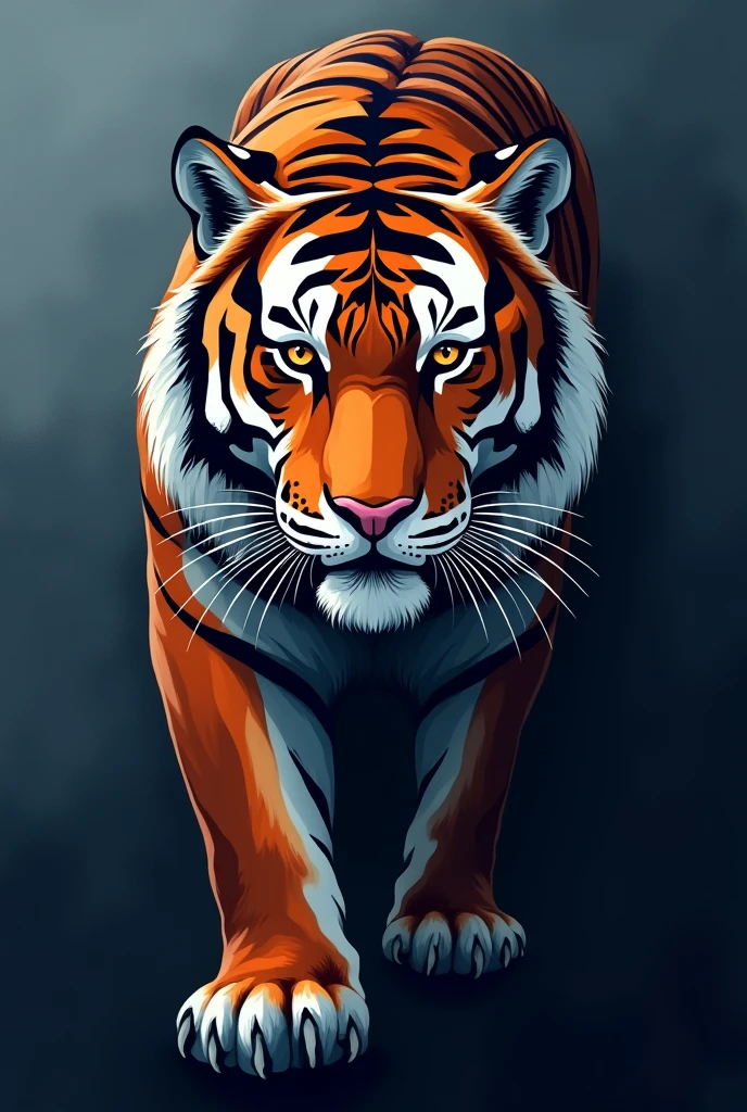 Create an illustration of a stylized tiger with a modern and geometric look. The tiger should have a serious expression and be positioned facing forward, Occupying a large portion of the space. The primary colors are shades of blue and gray, with emphasis on shadows and contours that give an effect of depth and volume. The art style should resemble a minimalist design, but with enough detail to highlight the tiger's musculature and face. Add a subtle color transition at the base of the illustration to give a gradient effect that goes from dark blue to black. with a focus on white color