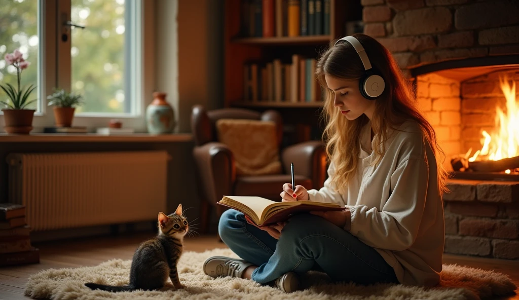 A beautiful young woman with princess-like eyes, wearing headphones and casual clothing, is writing in a notebook. The scene is set in a cozy room with a warm, crackling fireplace. A curious kitten is sitting nearby, watching intently as she writes. The image should be of high quality, a work of art, and highly detailed, with a 16:9 aspect ratio.