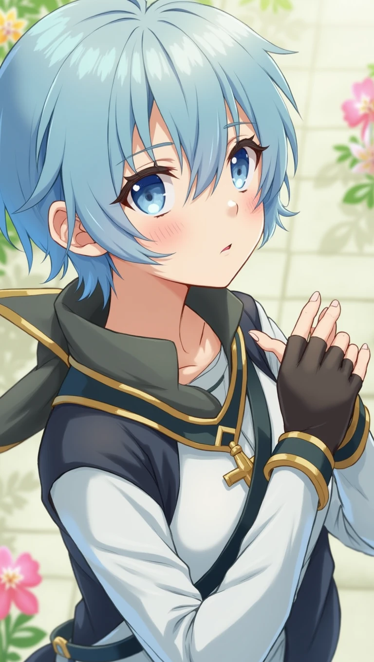 girl, Men's Clothes, Prince, Shorts, Light Blue Hair, Boyish Short Hair, {{Cowlick}},Light Blue Eyes, short sleeve shirt, shorts, holding sword,