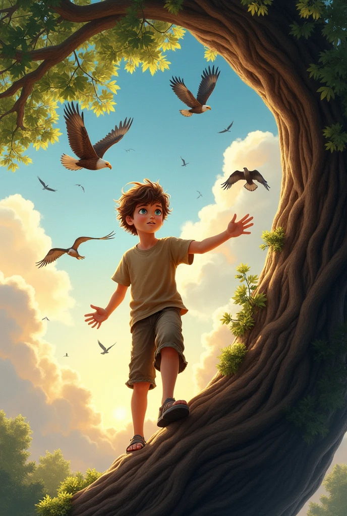 A boy standing on tree looking at sky .the sky is filled with eagles