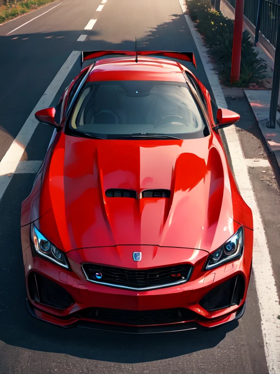 Car Photography; From the sky, Red sports car, uhd, retina, masterpiece, ccurate, anatomically correct, textured skin, super detail, high details, high quality, best quality, highres, 4K