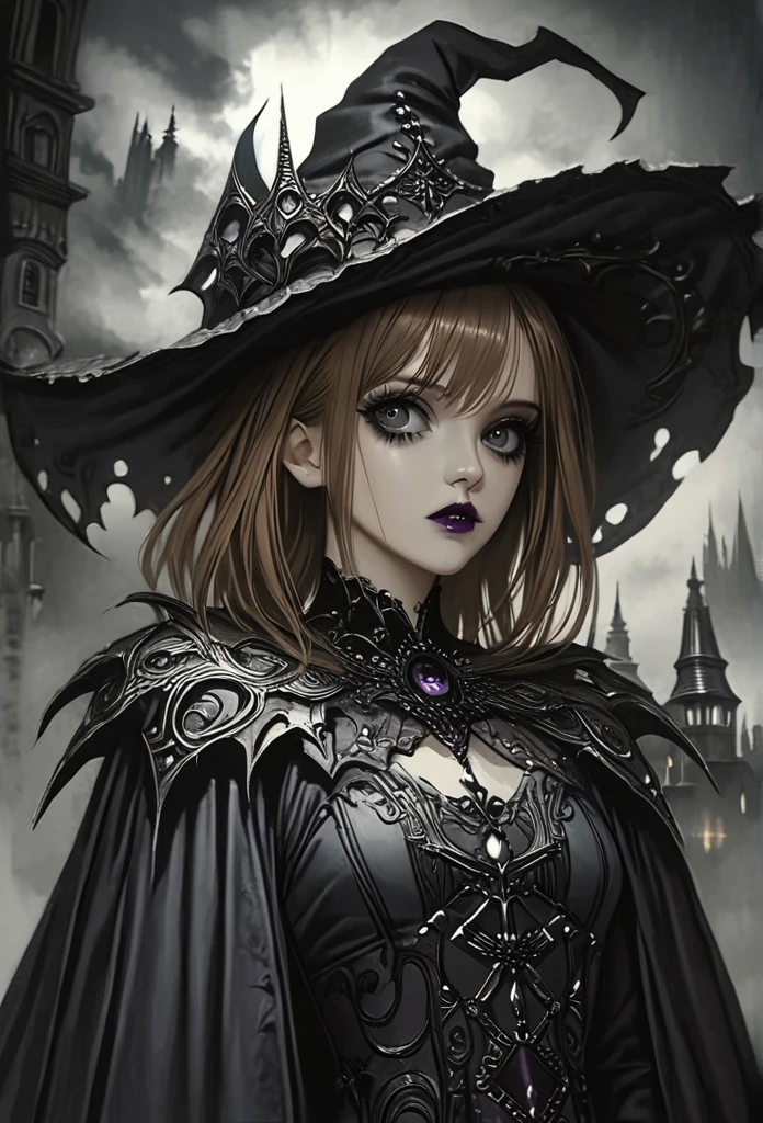 a beautiful witch, Emma Watson, detailed face, beautiful eyes, long eyelashes, detailed lips, intricate costume, dark fantasy, gloomy atmosphere, horror, gothic, moody lighting, dark colors, cinematic, highly detailed, 8k, photorealistic